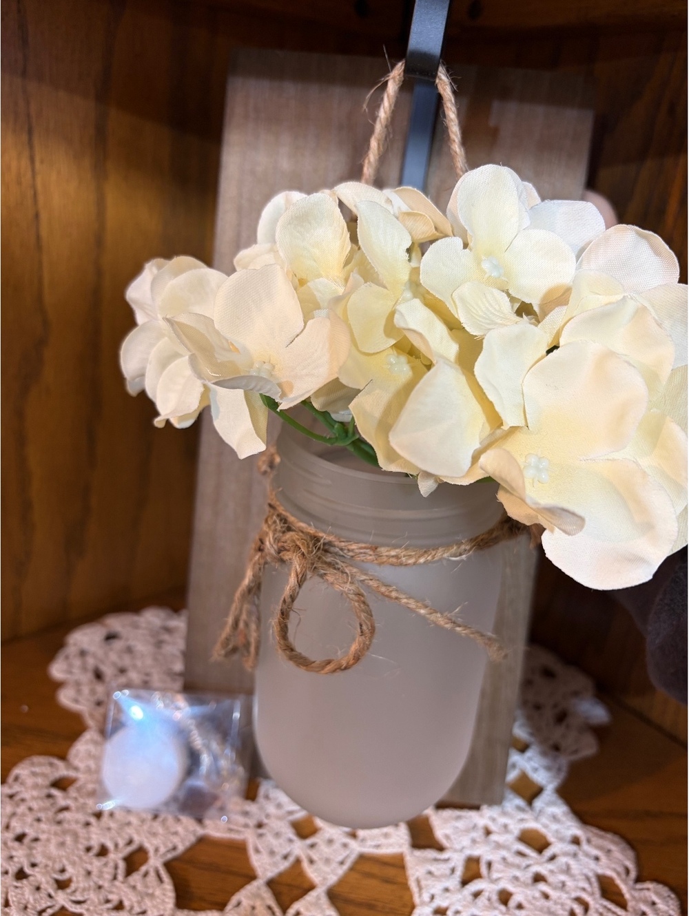Set of 2 Rustic Mason Jar Wall Sconces LED Fairy Lights & Cream Hydrangeas